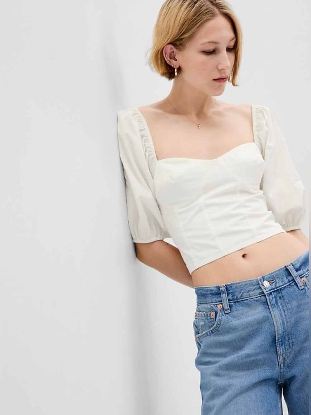 GAP white Square Neck Puff Sleeve Crop Top